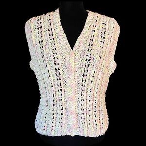 Handmade - Pastel Pink/Yellow Button Front Crochet Sleeveless Sweater- Size M